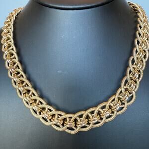 Vintage Gold Tone Chunky Brutalist Chainmail Woven 18” Statement Necklace